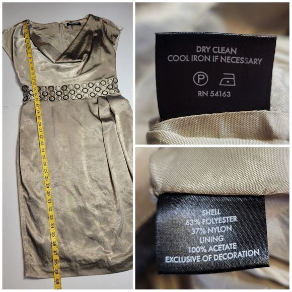 Ellen Tracy Champagne Satin Plunging Cowl Neckline Cap Sleeves Midi Sheath Dress - Picture 10 of 10